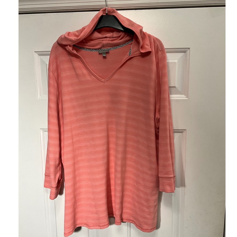 T by Talbots Womens 2X Coral Pink Space Dye V-Neck Hoodie 3/4 Sleeve Pullover